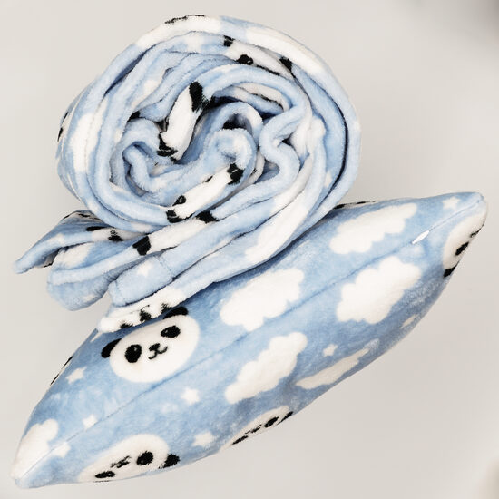 Fleece blanket and pillow set - Pandas on a blue background