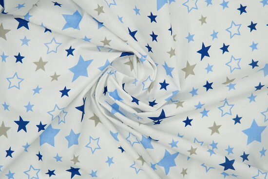 Kokvilna - Zvaigznes (zilas, pelēkas) uz balta fona