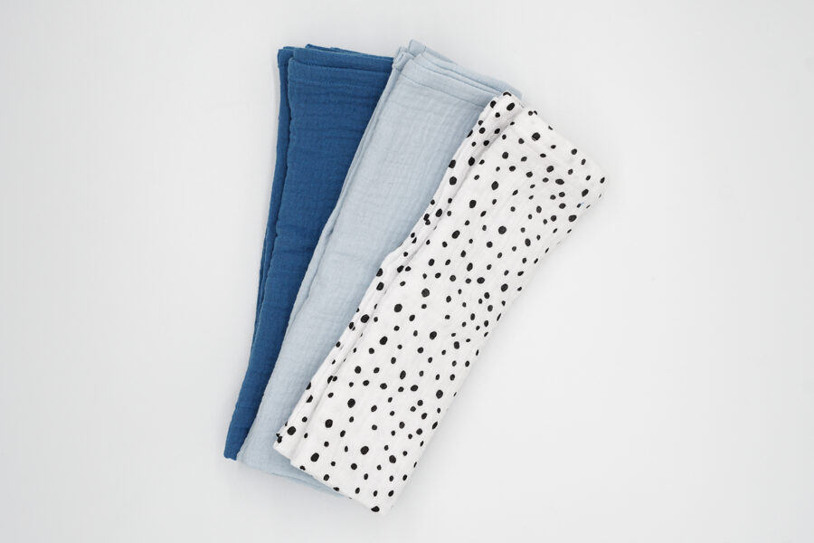 Muslin pads kit - Indigo, Baby Blue, White with black dots