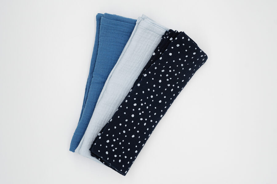 Muslin pads kit - Indigo, Baby Blue, Navy with white dots