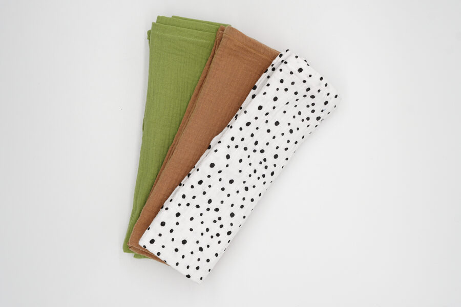 Muslin pads kit - Olive, Camel, White with black dots